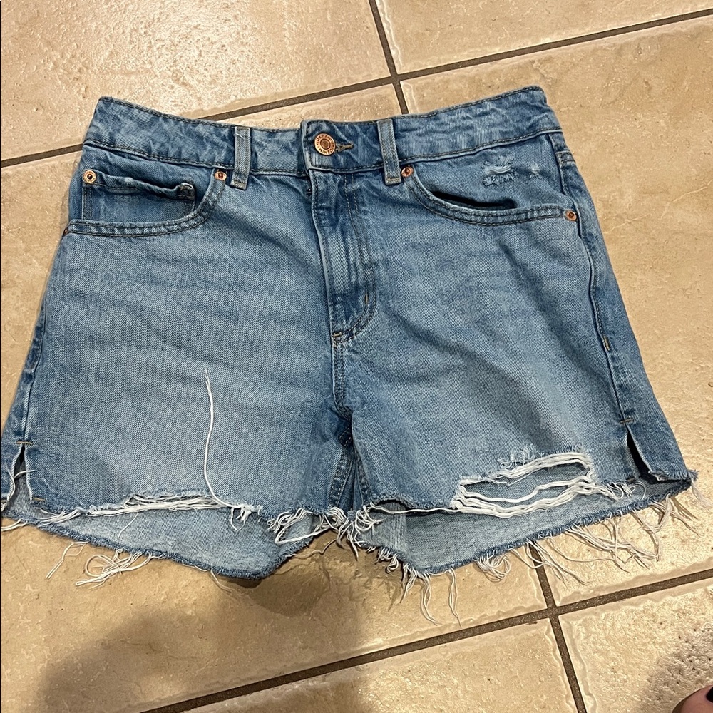 Garage Light Blue Frayed Hem Jean Shorts